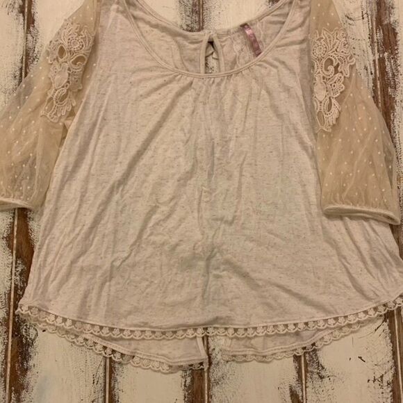 Mauve Sheer Lace and Knit Accent T Shirt - Picture 1 of 10